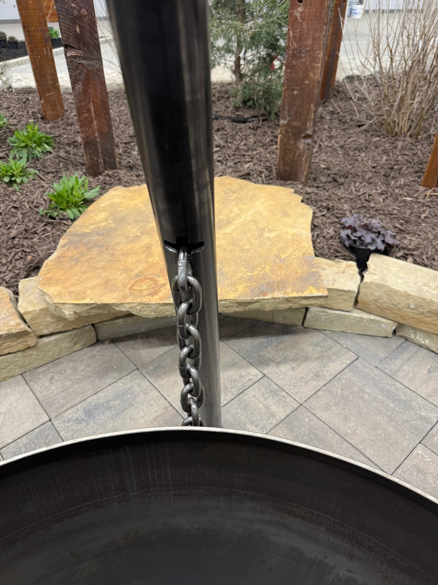 Up Close View of Bowl Hanging Chains on Tripod Fire Pit Model - Rough & Rigid