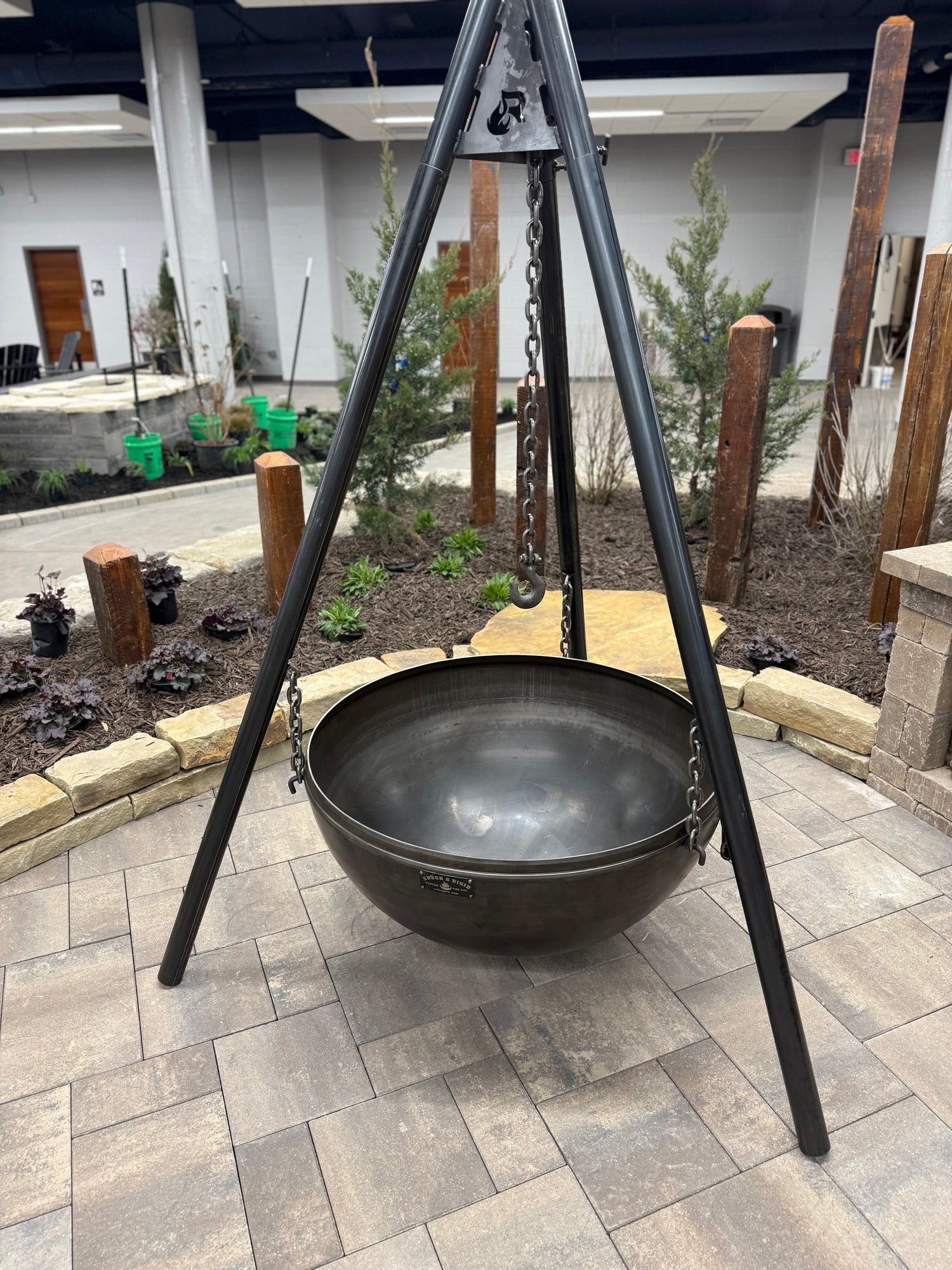 Hanging Tri-Pod Fire Pit with Detachable Cooking Chain - Indoor Display - Rough & Rigid