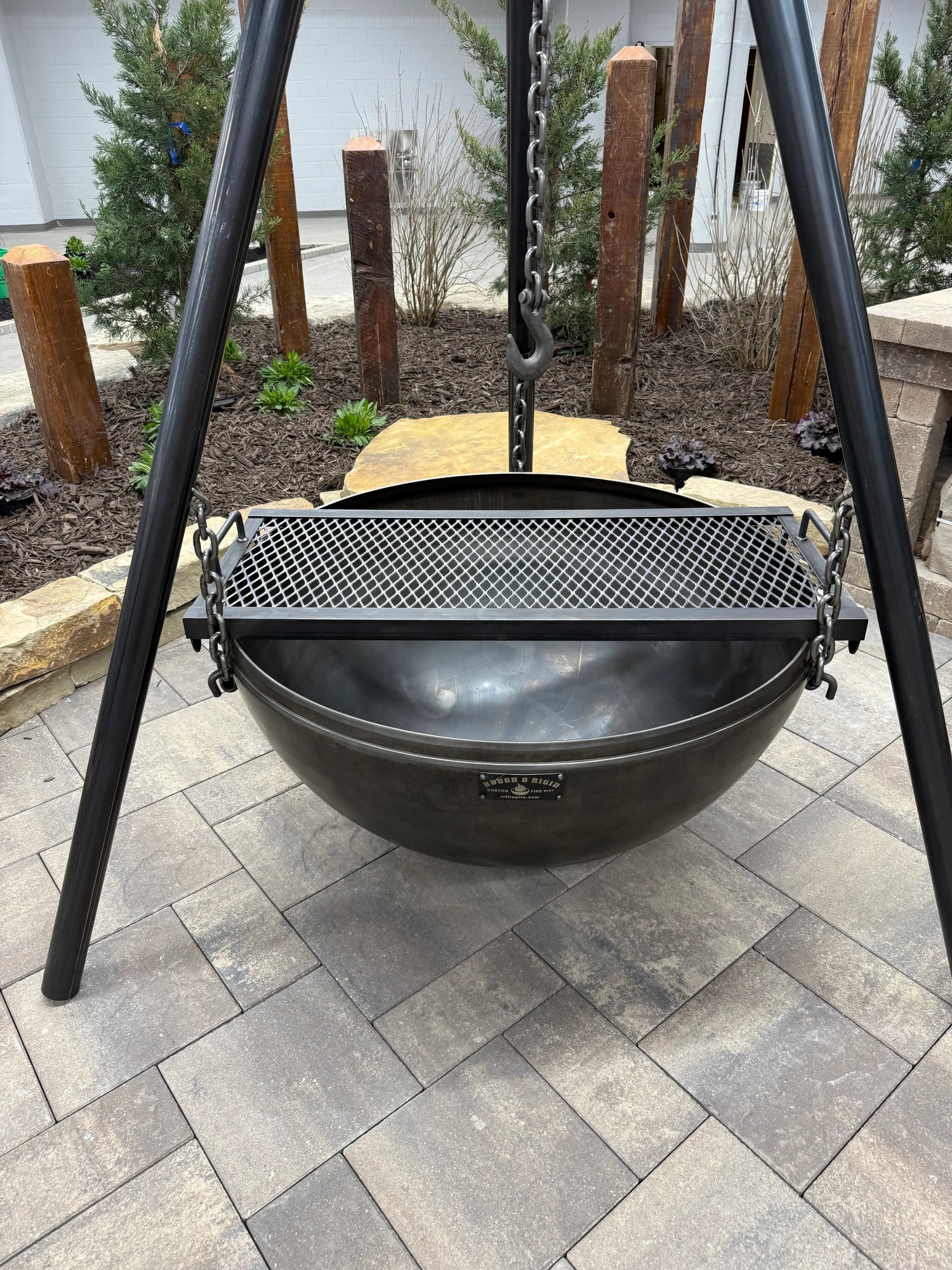 Hanging Tripod Fire Pit with Custom Fitted Grill Grate Laying over the Top - Rough & Rigid
