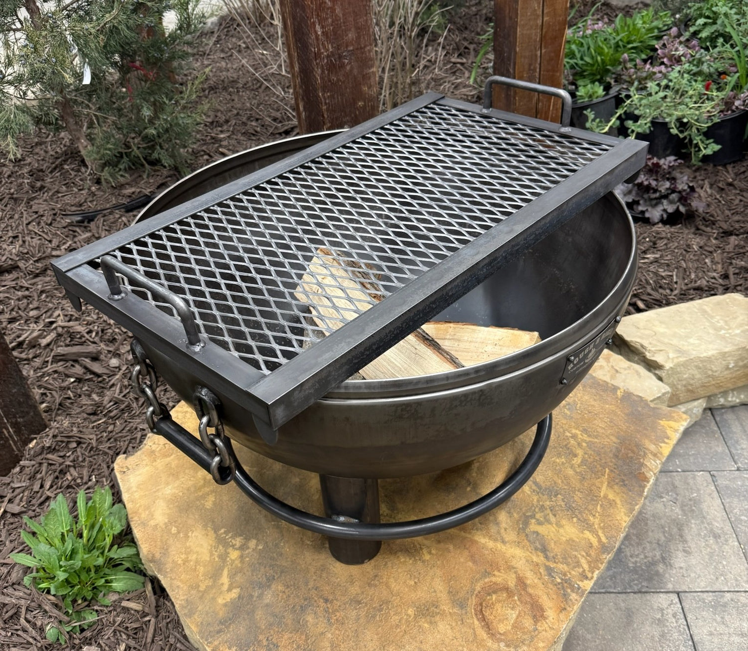Fire Pit Grill Grate - Full View of Grate Across Fire Bowl - Rough & Rigid