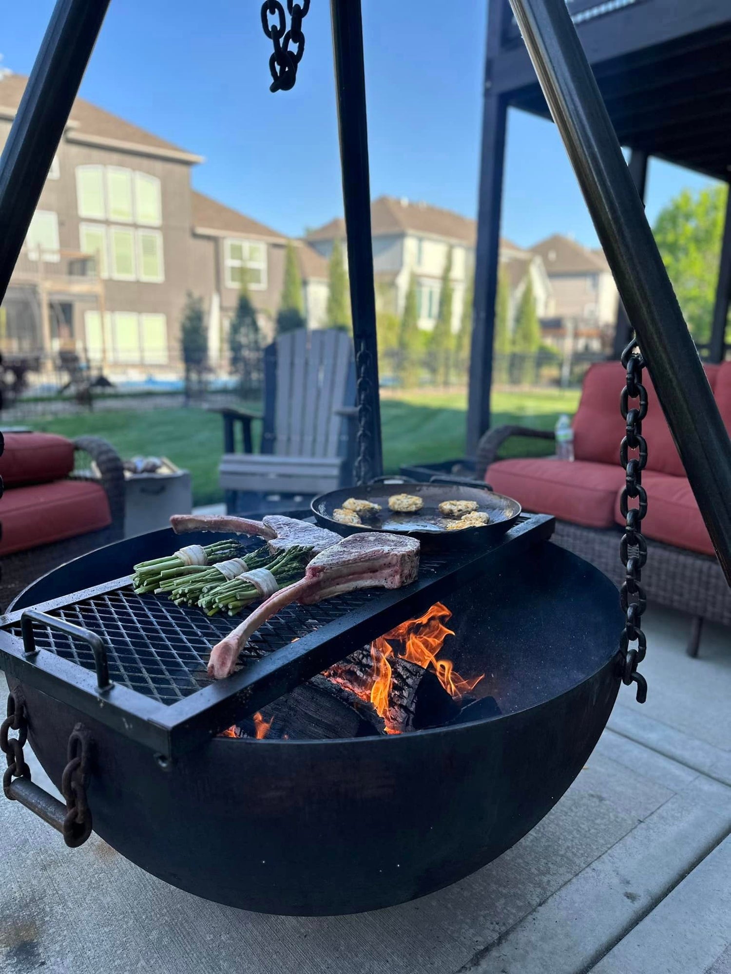 Fire Pit Grill Grate cooking - Full Spread Cooking, Tomahawks, Veggies, Cast Iron Direct Flame Cooking - Rough & Rigid