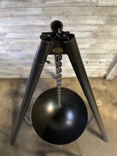 30" The Kid Fire Pit with Tri Pod, Zoomed In View of Cooking Chain and Top of Tripod - Rough & Rigid
